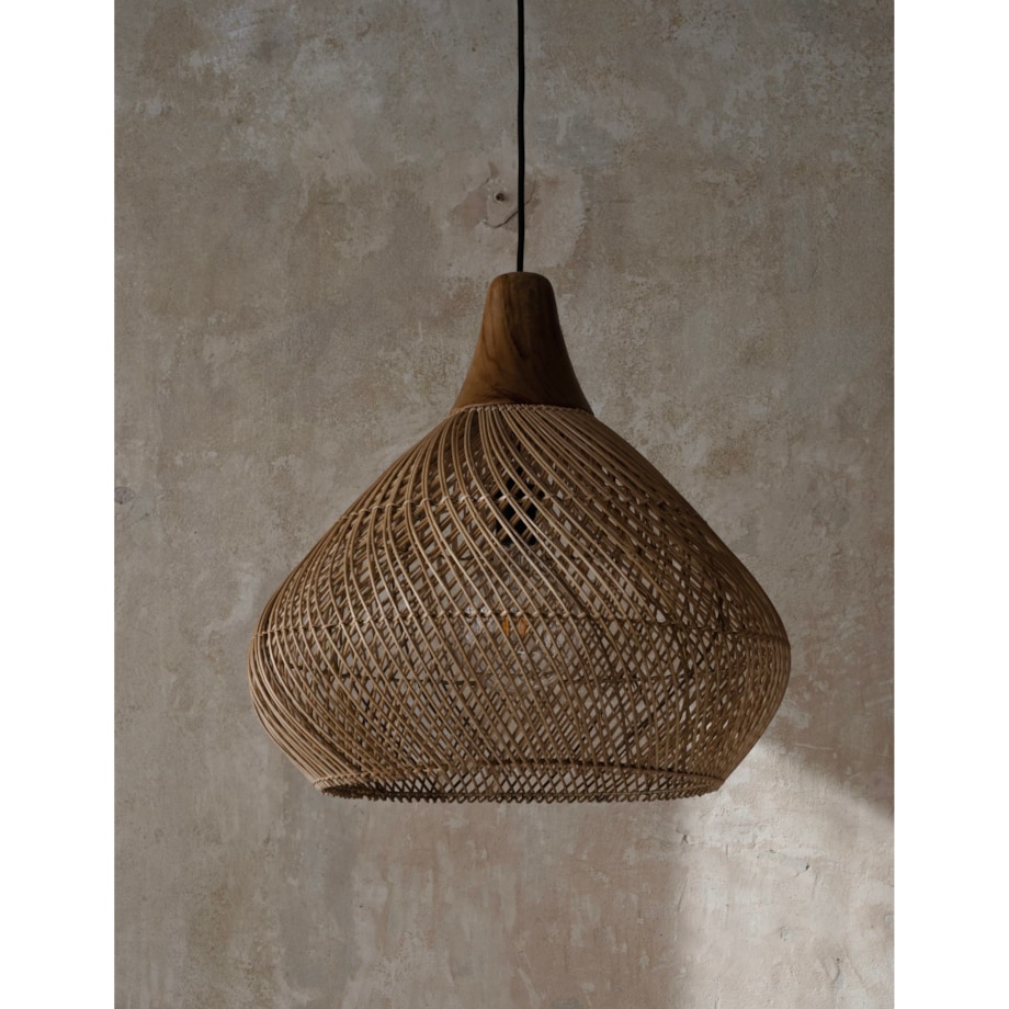 Rattanowa lampa z drewnem teakowym BAND w rozmiarze L - naturalna