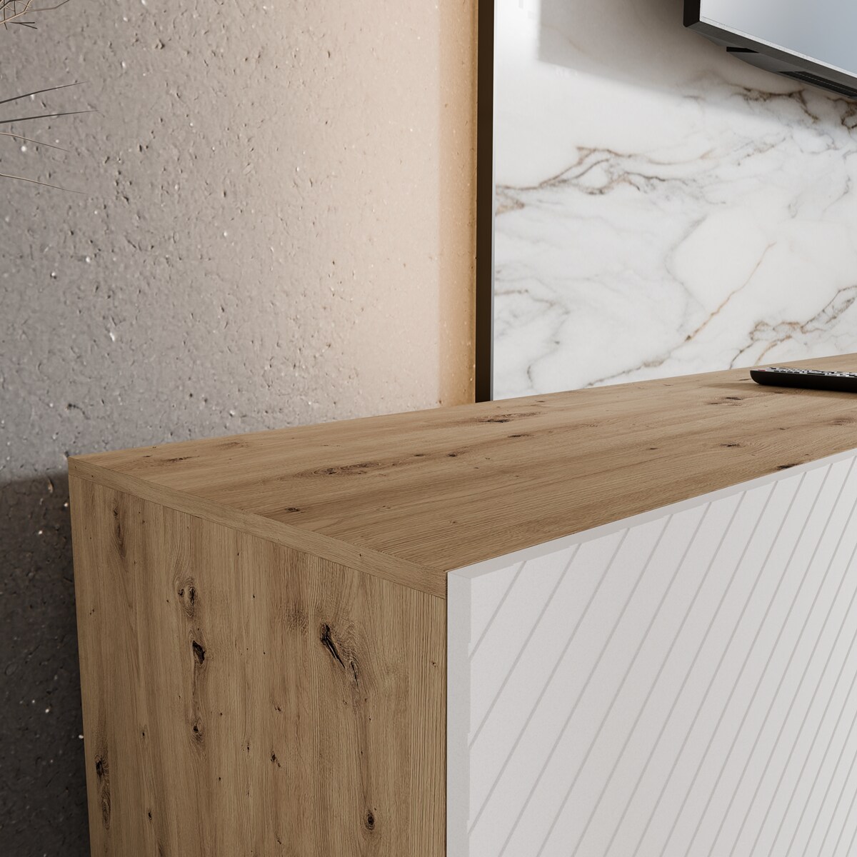 Szafka RTV NIKOL 300 cm pod telewizor, frezowane fronty, półki- biała+art