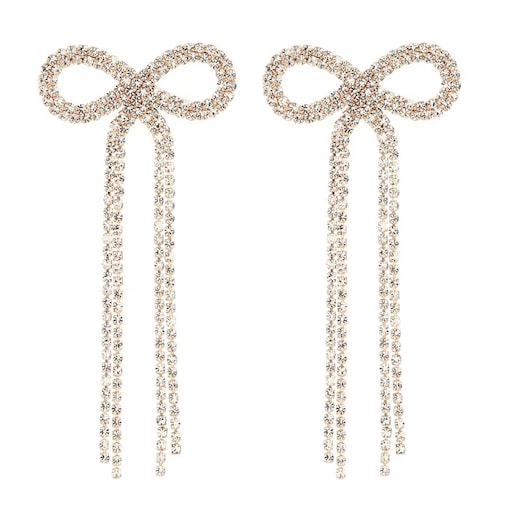 Kolczyki długie nitki cyrkoniowe złote z kryształkami kokardki eleganckie GLAM
