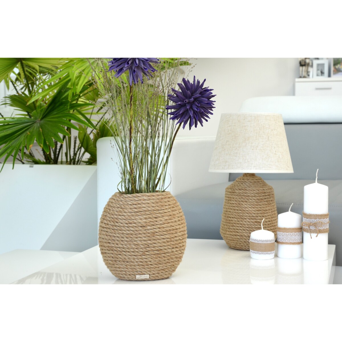 BOHO B39 Lampka stołowa h 39 cm Boho naturalny sznurek jutowy pleciony * styl etno skandi skandynawski* lampka nocna biurkowa * lniany abażur + juta