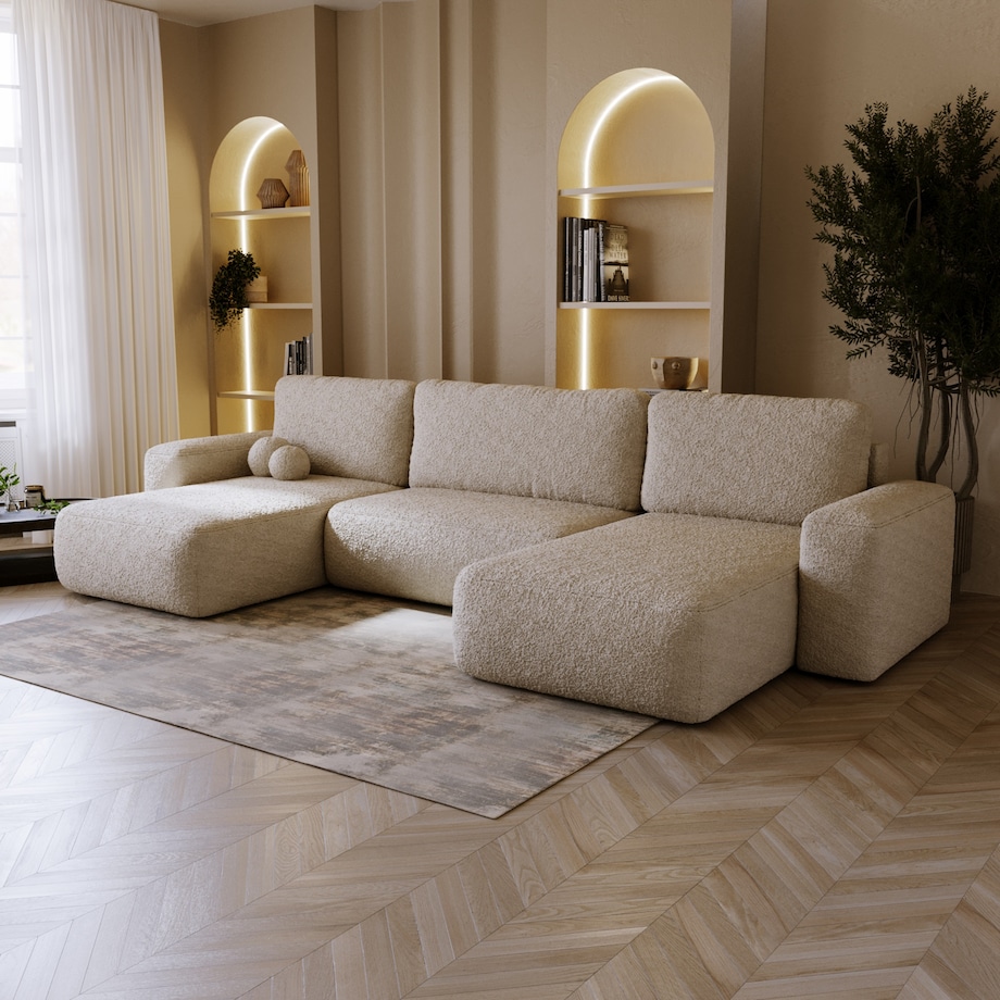 Narożnik U ILO z pojemnikiem na pościel i funkcja spania, jasno-beżowy