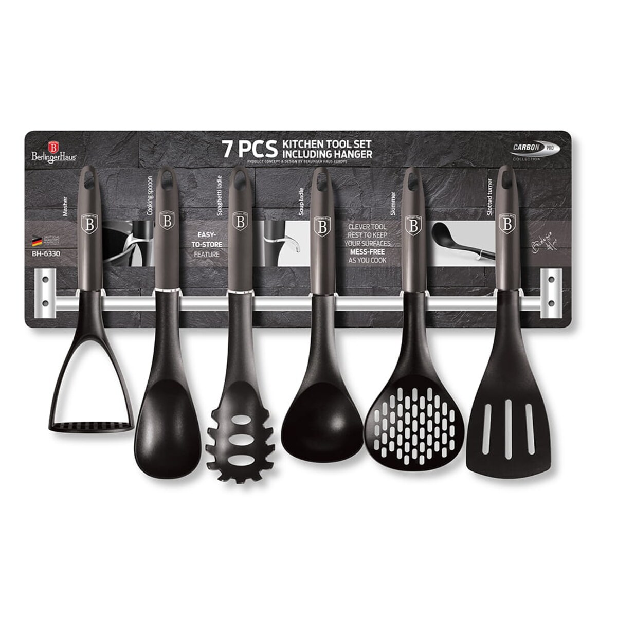 Zestaw przyborów kuchennych z relingiem 7 elementów BERLINGER HAUS Carbon Pro