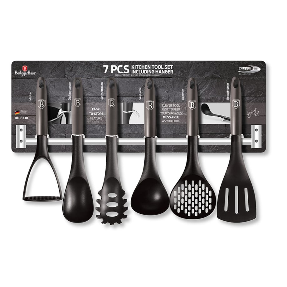 Zestaw przyborów kuchennych z relingiem 7 elementów BERLINGER HAUS Carbon Pro