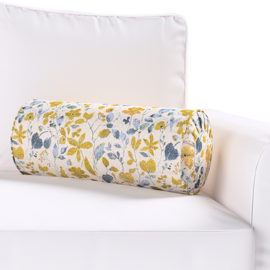 Poduszka wałek z zakładkami, żółto-niebieskie kwiaty na kremowym tle, Ø20 x 50 cm, Cosy Home