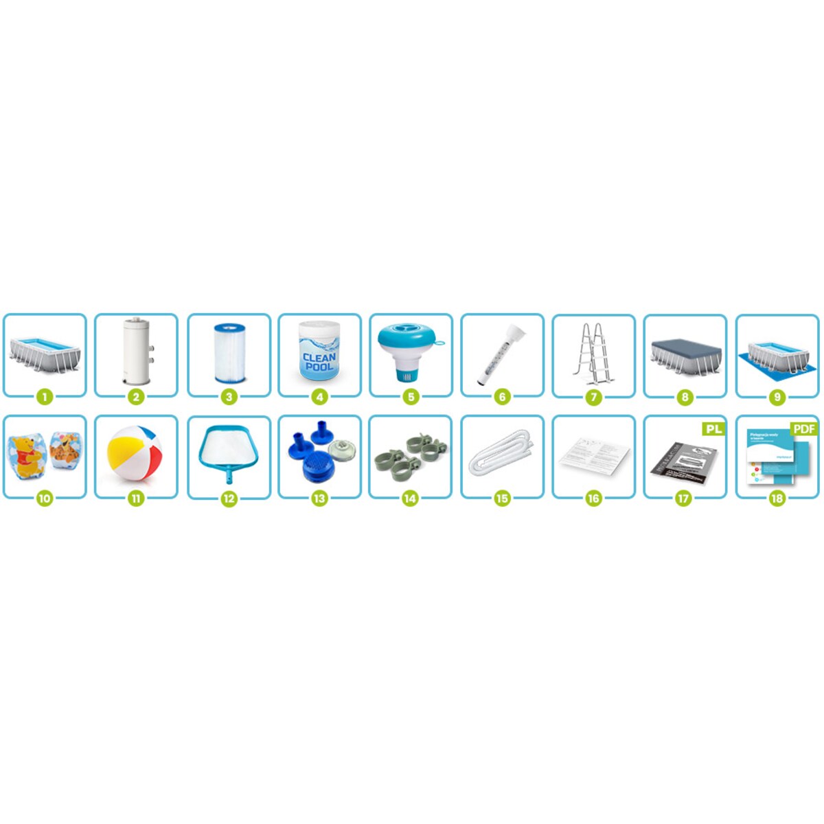 Basen ogrodowy stelażowy 488x244x107 cm INTEX zestaw 18w1