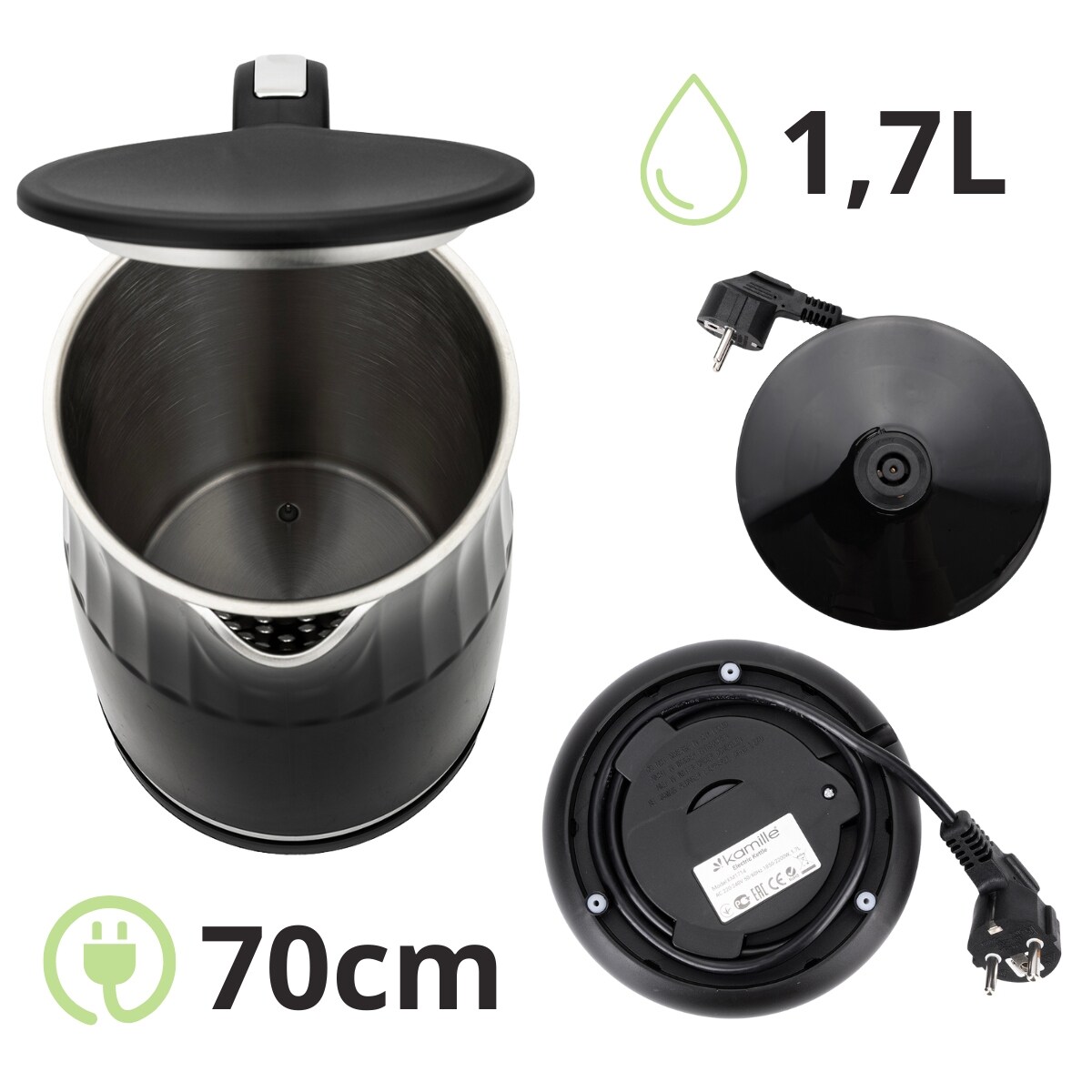 Czajnik elektryczny z regulacją temperatury bezprzewodowy 1.7L czarny 2200W KAMILLE