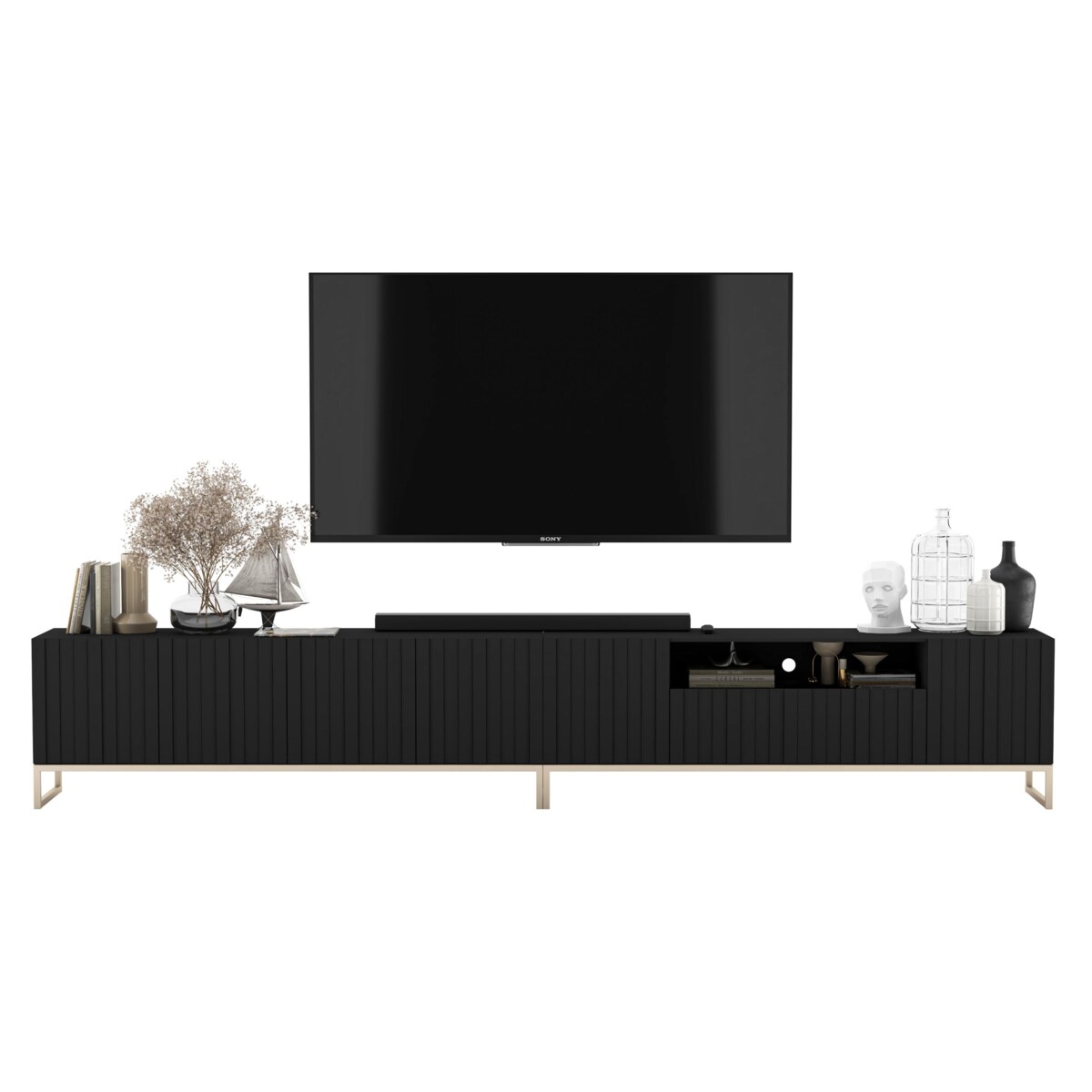 Nowoczesna Szafka RTV Glamour Komoda RTV Ryflowane Fronty Czarny Mat 300 cm