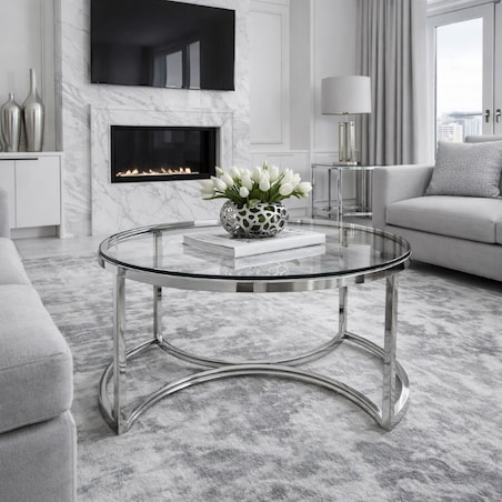 Srebrny stolik kawowy glamour 75 cm okrągły ze szklanym blatem – HARPER SILVER L