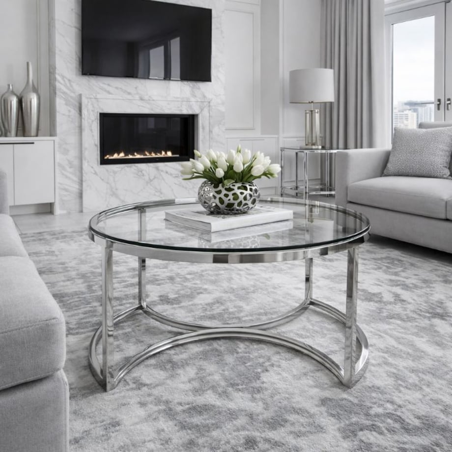 Srebrny stolik kawowy glamour 75 cm okrągły ze szklanym blatem – HARPER SILVER L