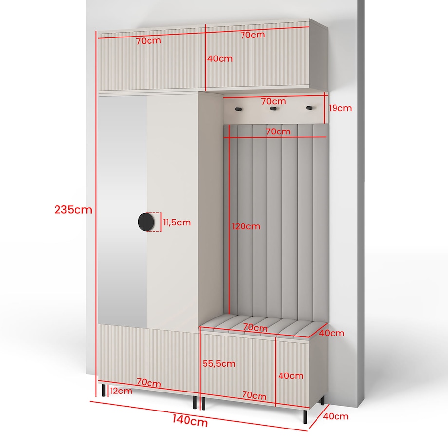 Garderoba Ritmo wersja 2 z lustrem i panelami Trinity 14 Cashmere