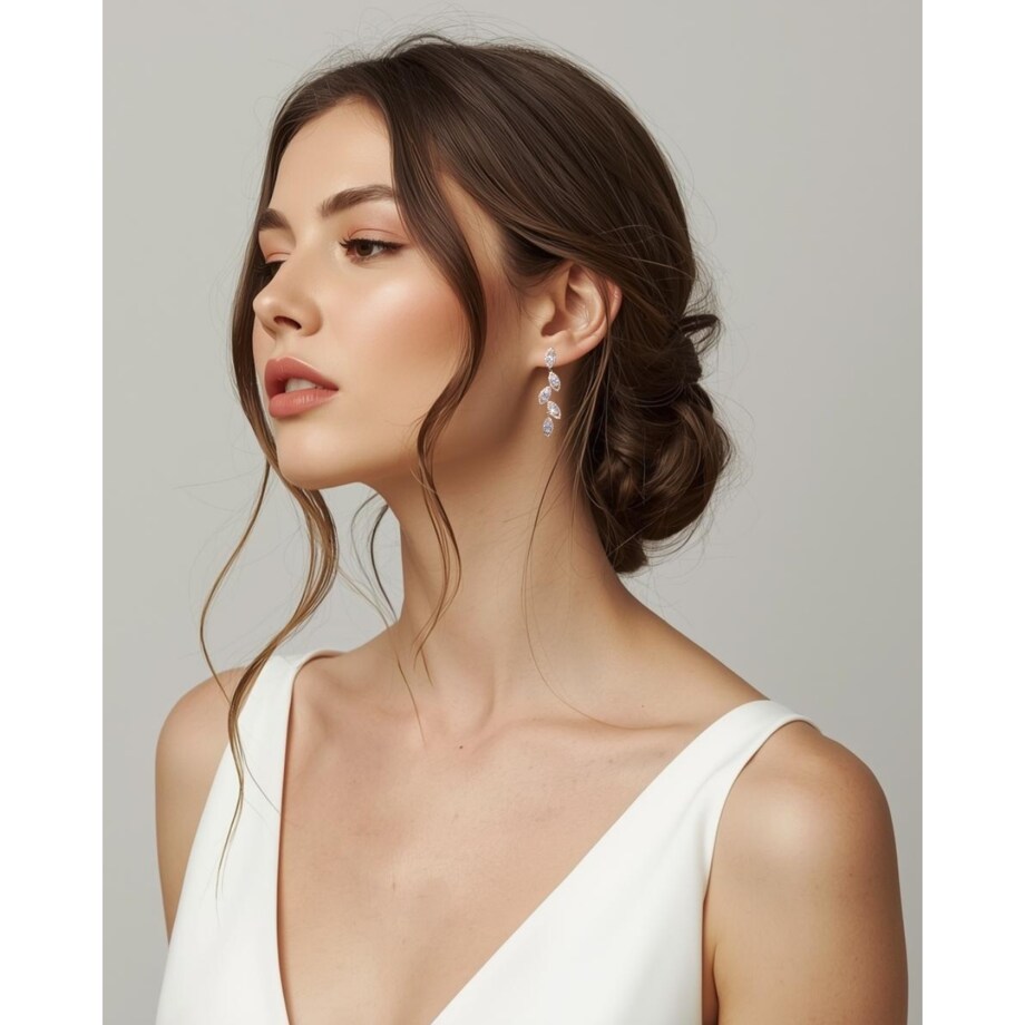 Kolczyki srebrne LISTKI Cyrkonie Ślubne BOHO Roślinne eleganckie