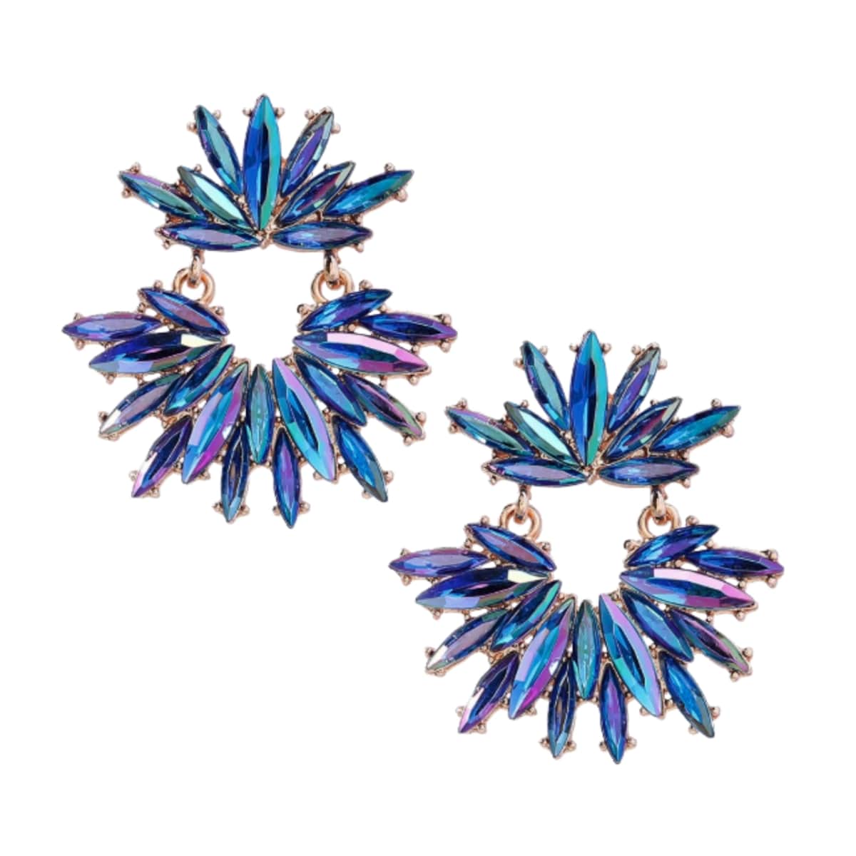 Niebieskie złote kobaltowe opalizujące kolczyki rozety cyrkonie efekt