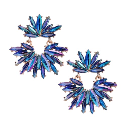 Niebieskie złote kobaltowe opalizujące kolczyki rozety cyrkonie efekt