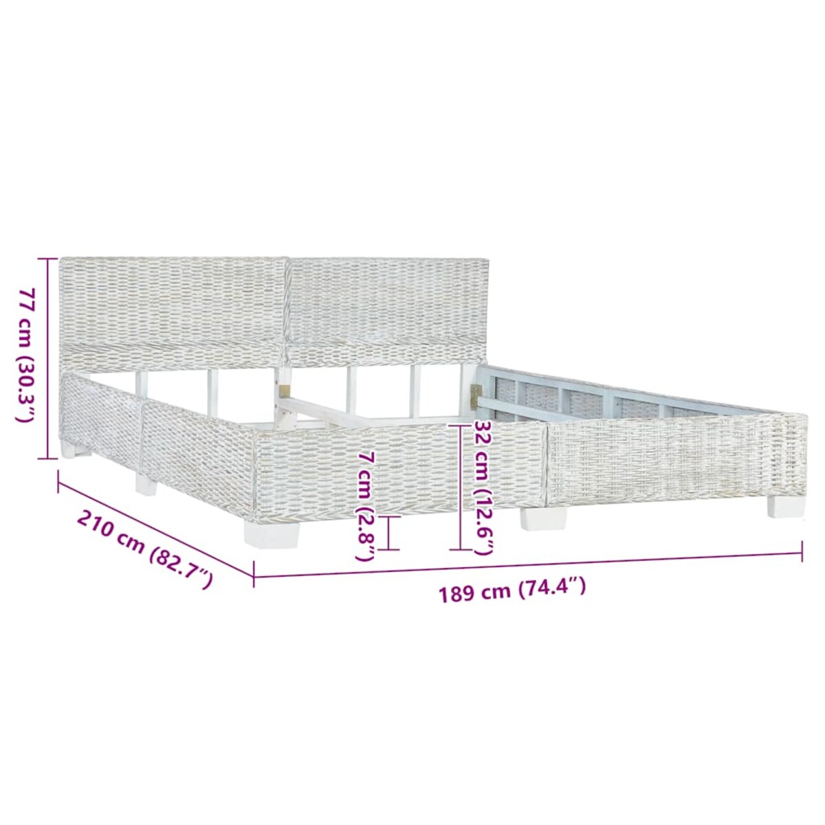 vidaXL Rama łóżka, szara, naturalny rattan, 180 x 200 cm