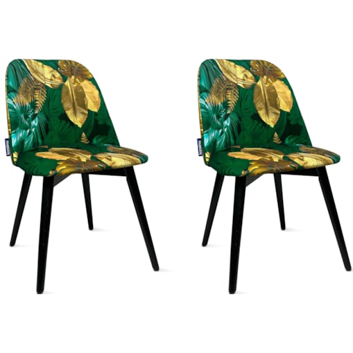 KONSIMO BAKERI Krzesła welurowe w kolorze zielonym ze złotymi kwiatami, 2 sztuki