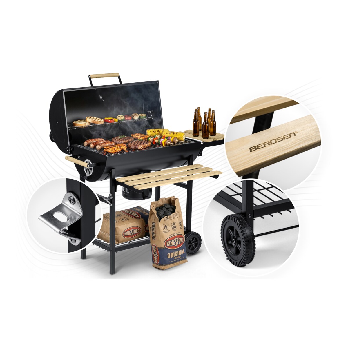 Grill węglowy ogrodowy Berdsen z półkami beczka z kominem + termometr + popielnik