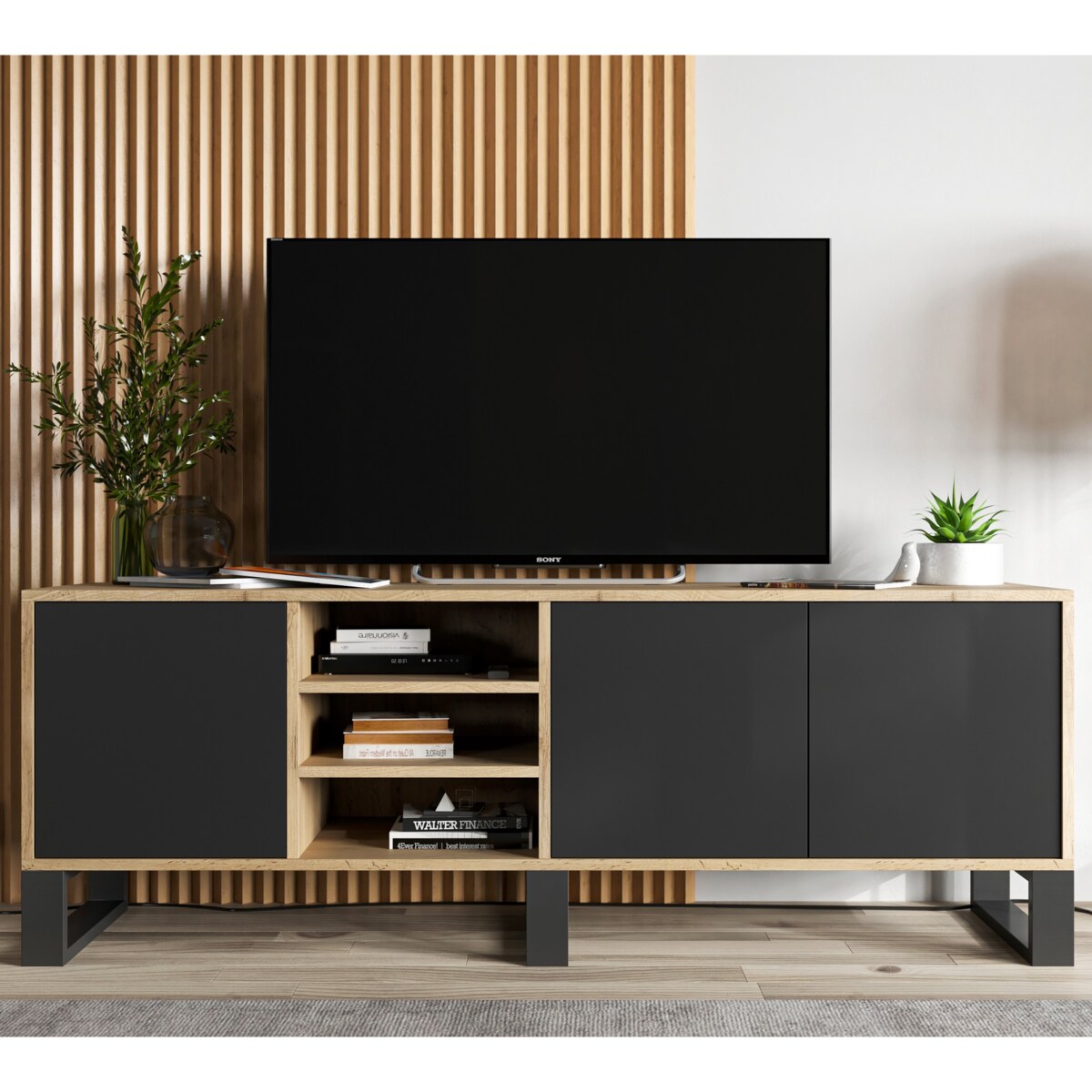 Szafka RTV Loft Nowoczesna Komoda RTV Loft 150 cm Dąb Wotan Czarny MAT