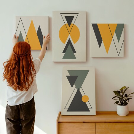 Zestaw 4 obrazów na płótnie - Abstrakcyjne kształty geometria - żółty