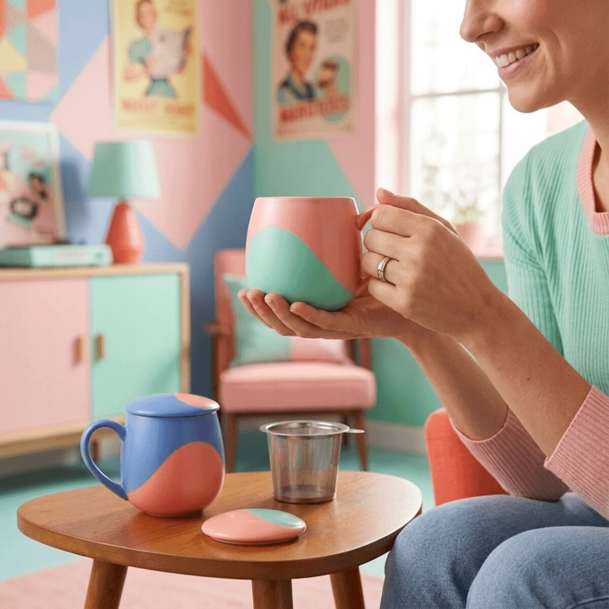 KUBEK PORCELANOWY NA KAWĘ HERBATĘ NIEBIESKO-RÓŻOWY 350ML Z ZAPARZACZEM I POKRYWKĄ PREZENT UPOMINEK DLA KOBIETY MAMY ŻONY BABCI DZIEWCZYNY KOLEŻANKI NIEJ