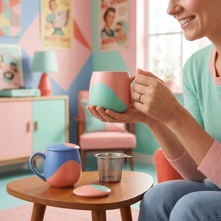 KUBEK PORCELANOWY NA KAWĘ HERBATĘ NIEBIESKO-RÓŻOWY 350ML Z ZAPARZACZEM I POKRYWKĄ PREZENT UPOMINEK DLA KOBIETY MAMY ŻONY BABCI DZIEWCZYNY KOLEŻANKI NIEJ