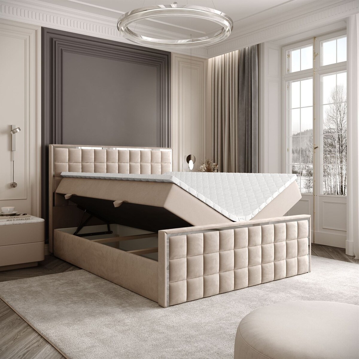 Łóżko kontynentalne ISADORA II SILVER, pojemnik na pościel, 140x200, RV 170, topper