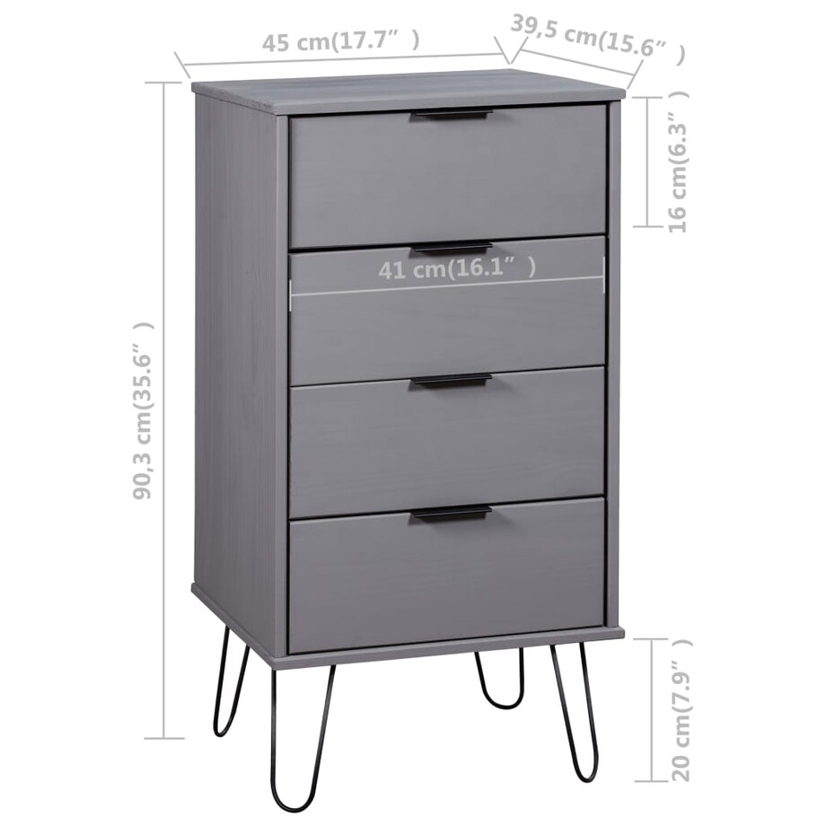 vidaXL Komoda, szara, 45x39,5x90,3 cm, lite drewno sosnowe