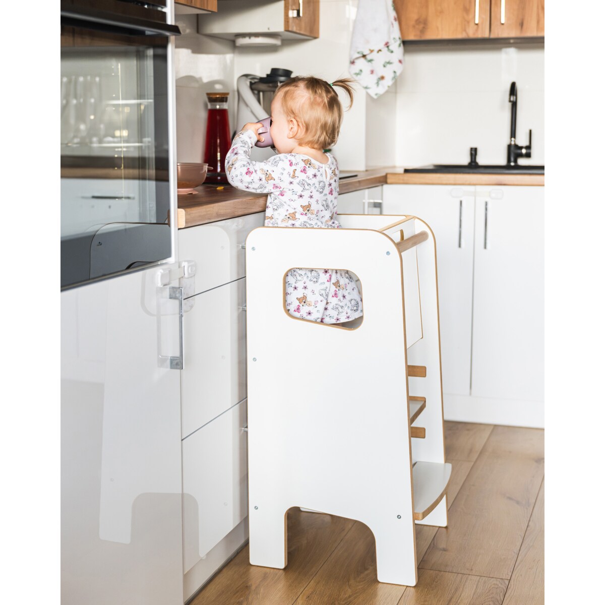 KITCHEN HELPER Super Safe Stabilny Montessori Pomocnik Kuchenny Dla Dzieci Zabudowany Biały Obubu