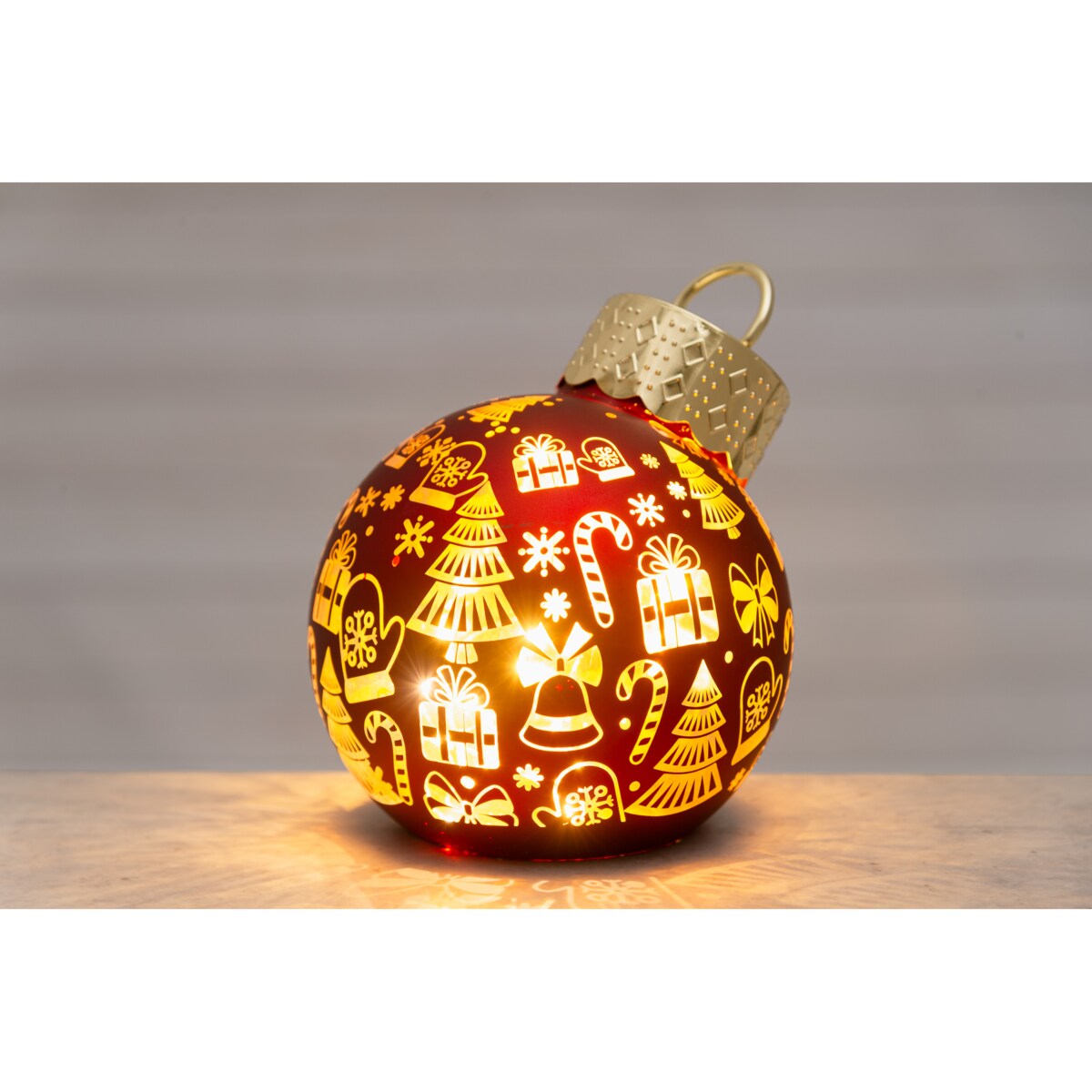 Bombka choinkowa szklana z oświetleniem LED, motyw prezentów, Ø 12 x 14 cm