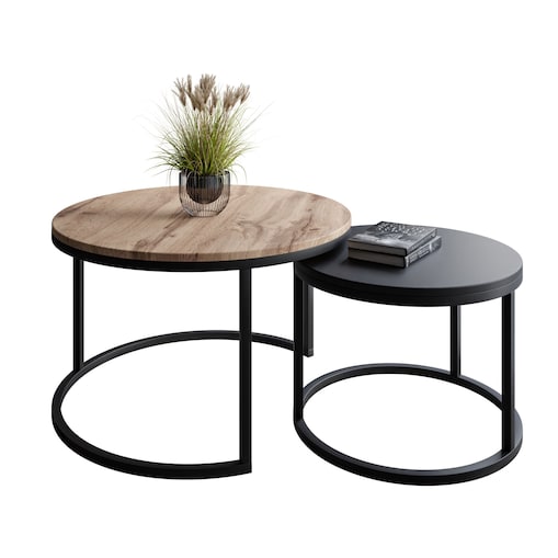 Okrągły stolik kawowy 2w1 CIRI SLIM MIX dąb wotan czarny