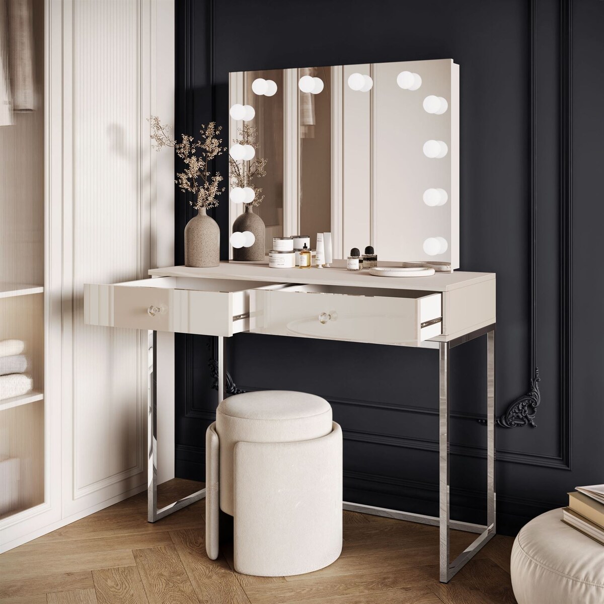 Toaletka kosmetyczna BLANCO KASZMIR ELITE z lustrem i oświetleniem srebrny chrom, uchwyt biały kryształ