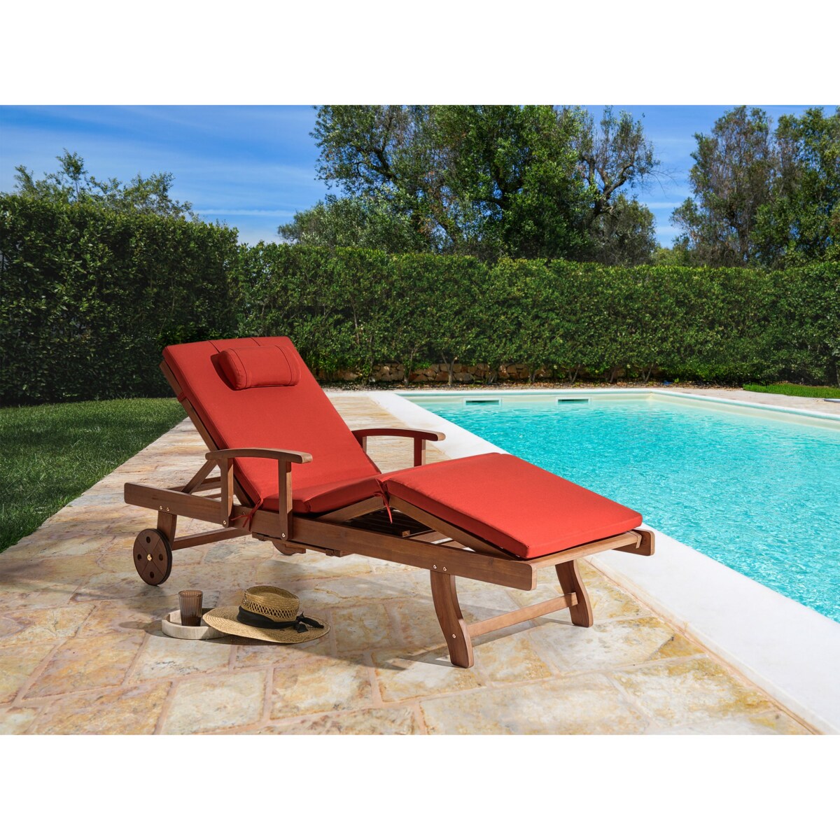 Leżak ogrodowy z poduszką AMANTEA PREMIUM Drewno akacjowe Czerwony