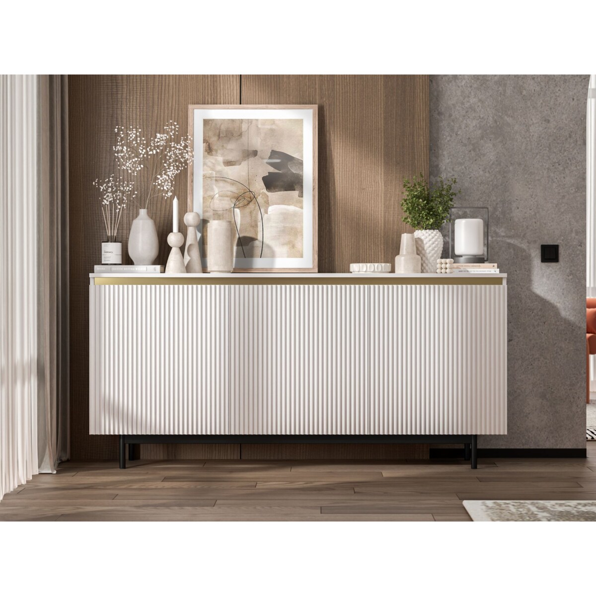 Komoda RTV Glamour 167 cm biała matowa ryflowane fronty czarna rama