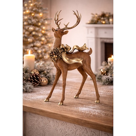 Figurka - stojący renifer 70x42x37 cm MAXI-3 brązowy z wieńcem i złotą kokardą