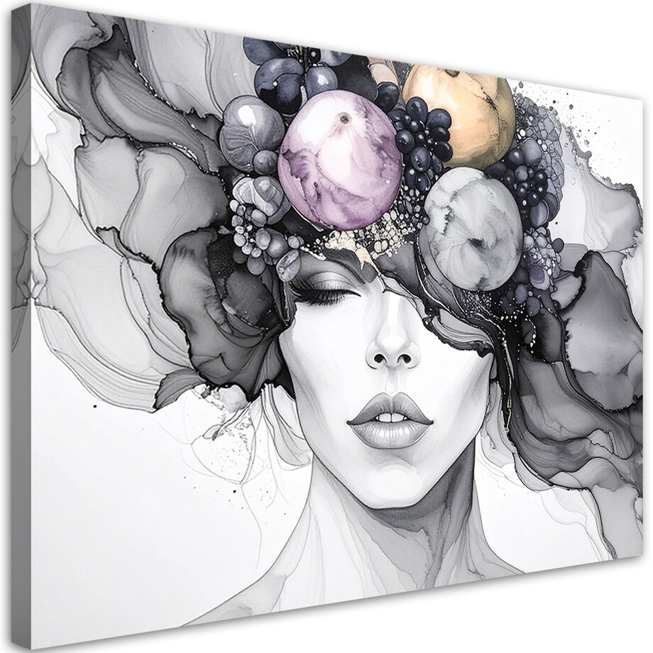 Obraz czarno biały do salonu kuchni, Kobieta z owocami na głowie 100x70