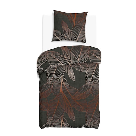 Pościel bawełniana 140x200 Carmela ciemno szara w miedziane liście, Cottonlove