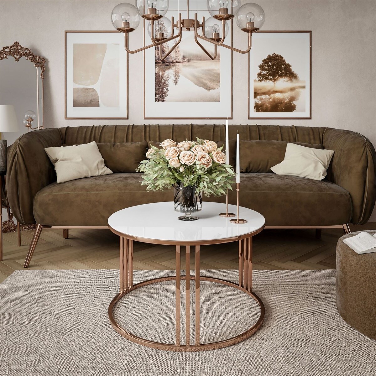 Okrągły stolik kawowy LORI GLASS z miedzianym stelażem, białe szkło