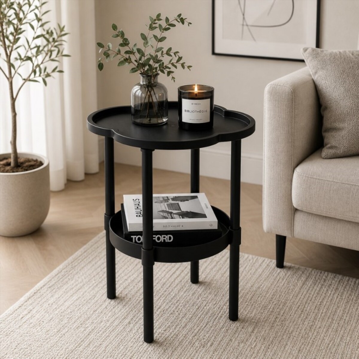 Mobilny stolik kawowy w kształcie koniczyny czarny 37x37x46cm STL27CZ