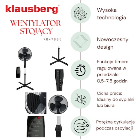 Wentylator podłogowy z pilotem i timerem 40cm 50W KLAUSBERG