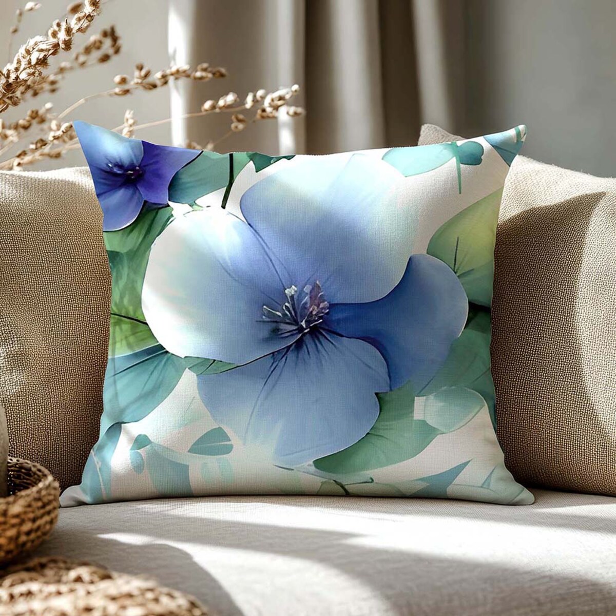 Poszewka dekoracyjna satynowa 40x40 Azurea biała w niebieskie kwiaty, Satynlove Premium