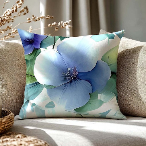 Poszewka dekoracyjna satynowa 40x40 Azurea biała w niebieskie kwiaty, Satynlove Premium