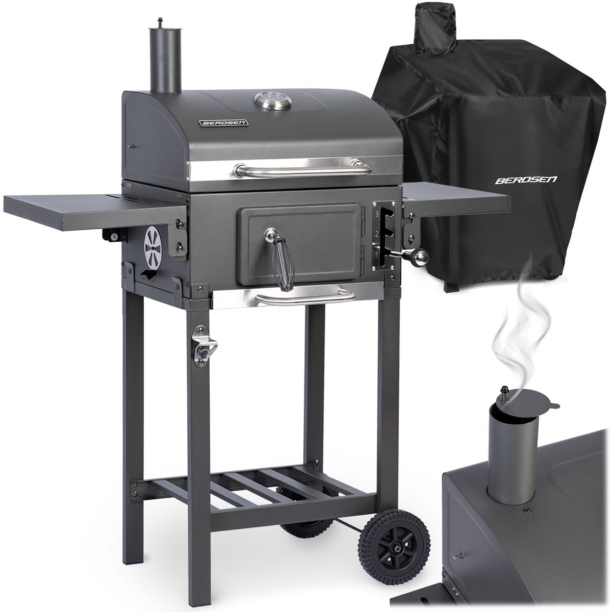 Grill węglowy ogrodowy komin żeliwny ruszt + pokrowiec Berdsen