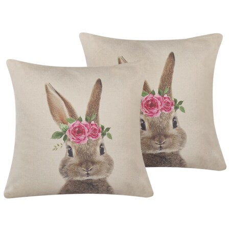2 poduszki dekoracyjne z motywem królika 45 x 45 cm szarobeżowe TULIPA