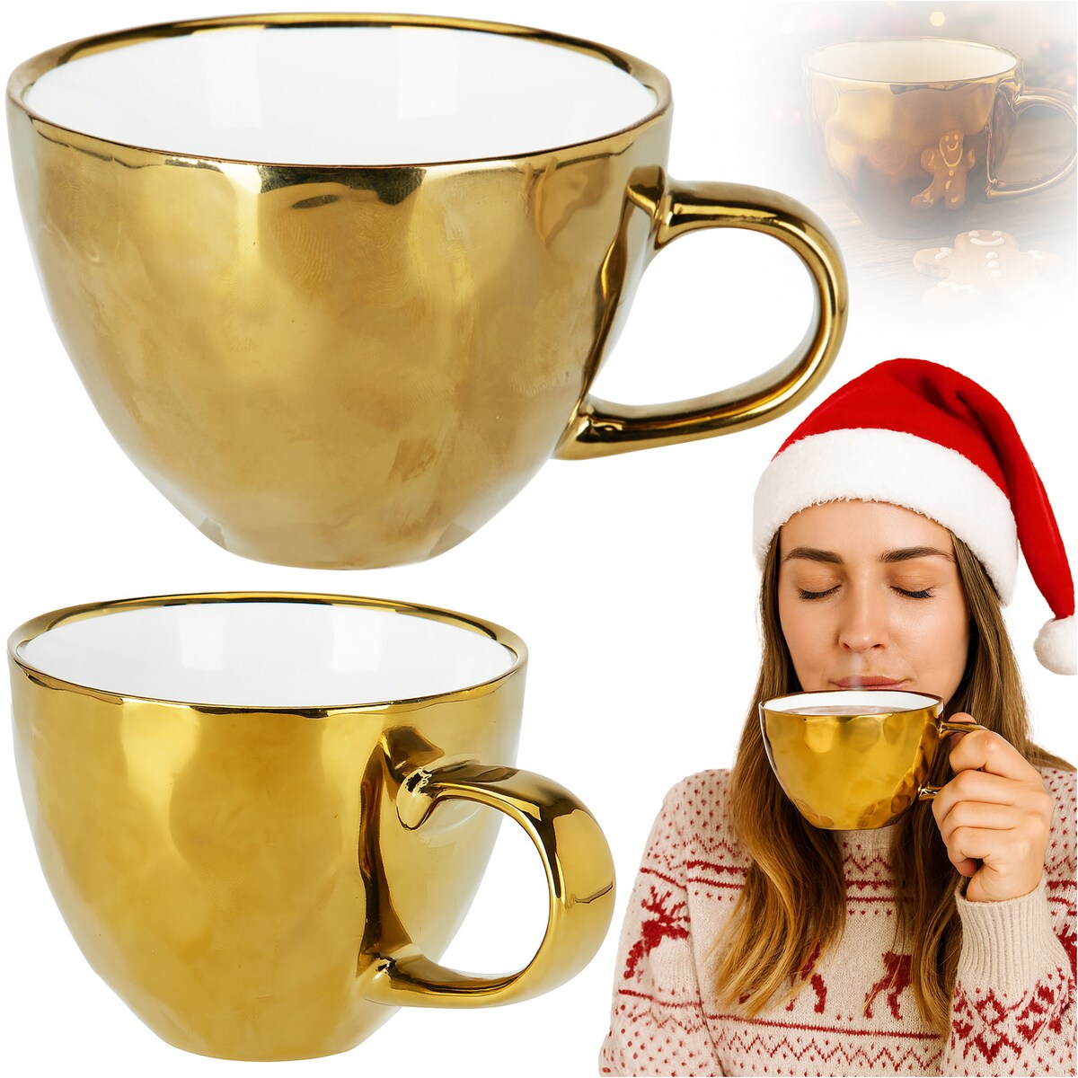 Kubek Z Uchem Świąteczny Porcelanowy Złoty 350 Ml