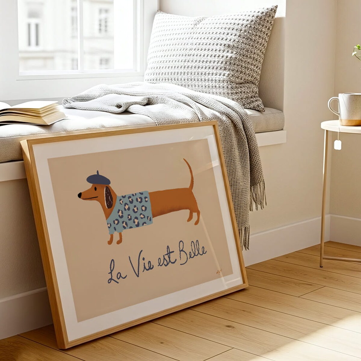 plakat jamnik w niebieskim berecie 70x100