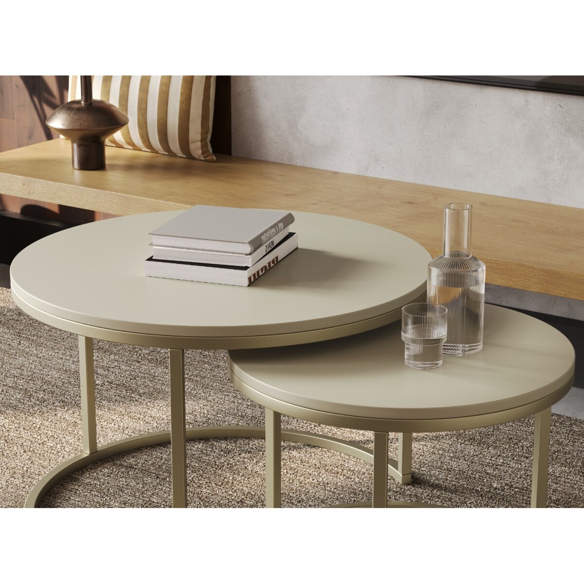 Stolik Kawowy GOLD KASZMIR 2w1 Okrągły Zestaw JAPANDI BOHO Salon SOFT LOFT SET