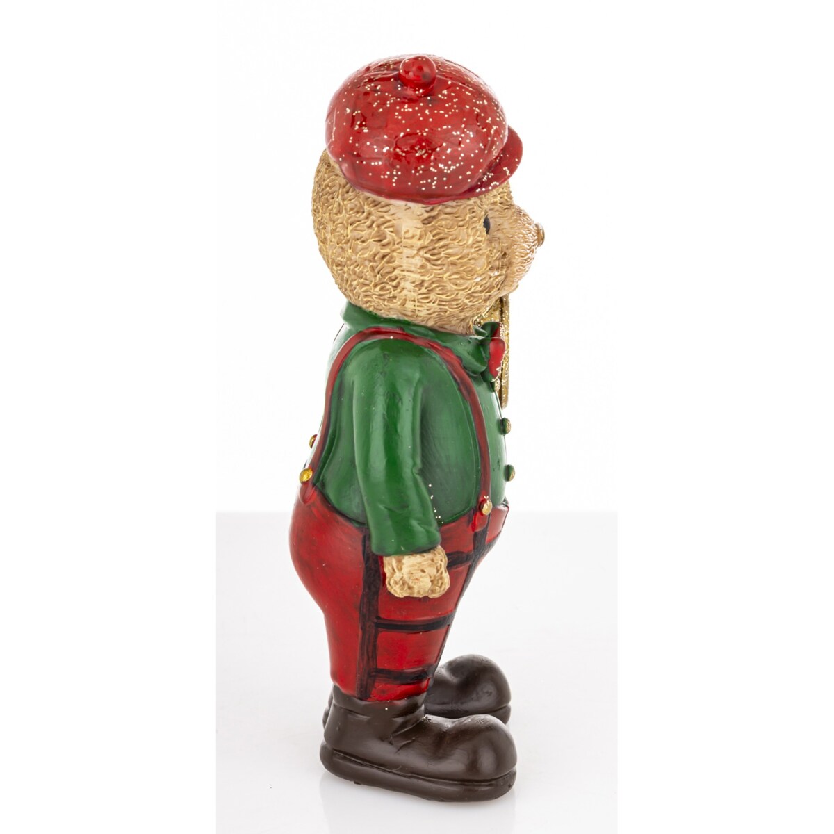 Figurka - Miś brązowy pracownik z zegarkiem w zielonej koszuli 12,5x7x5 cm