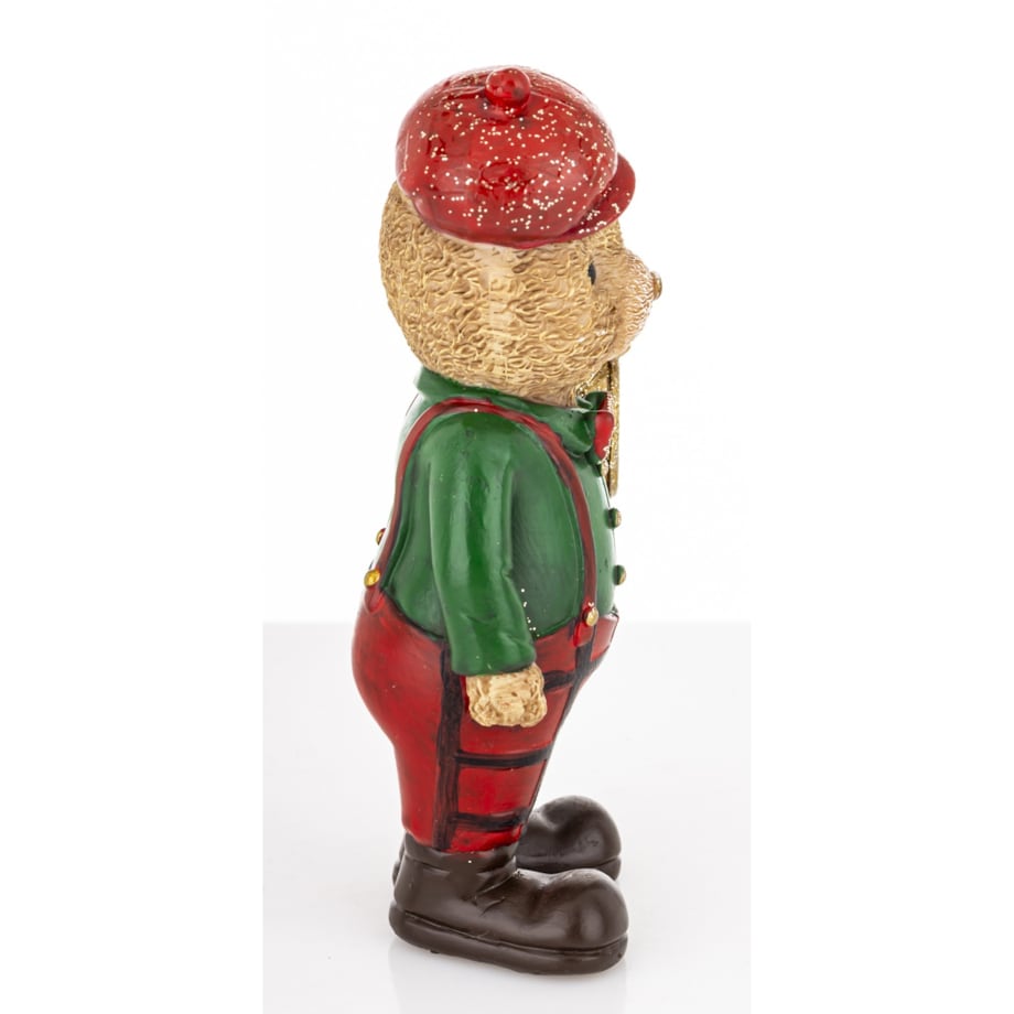 Figurka - Miś brązowy pracownik z zegarkiem w zielonej koszuli 12,5x7x5 cm