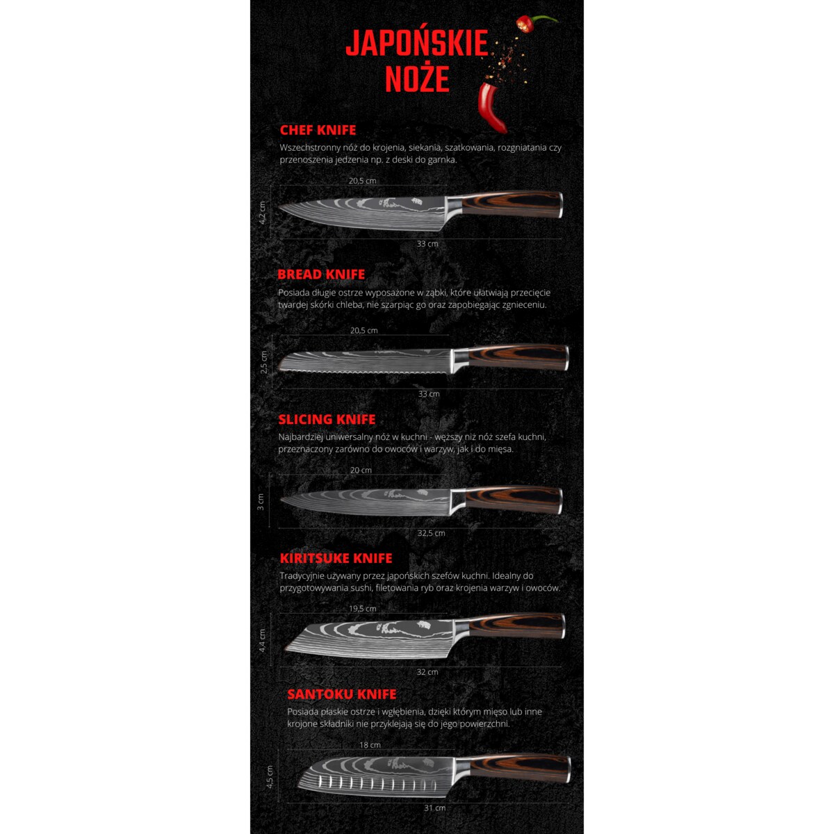 Noże japońskie zestaw 8szt. Muteki w pudełku prezentowym Stal wysokowęglowa