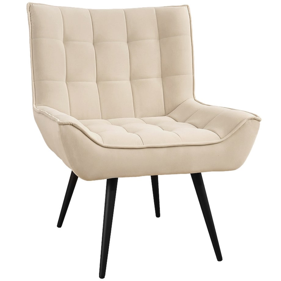 Fotel uszak tapicerowany welurowy wygodny z czarnymi nogami do salonu beżowy