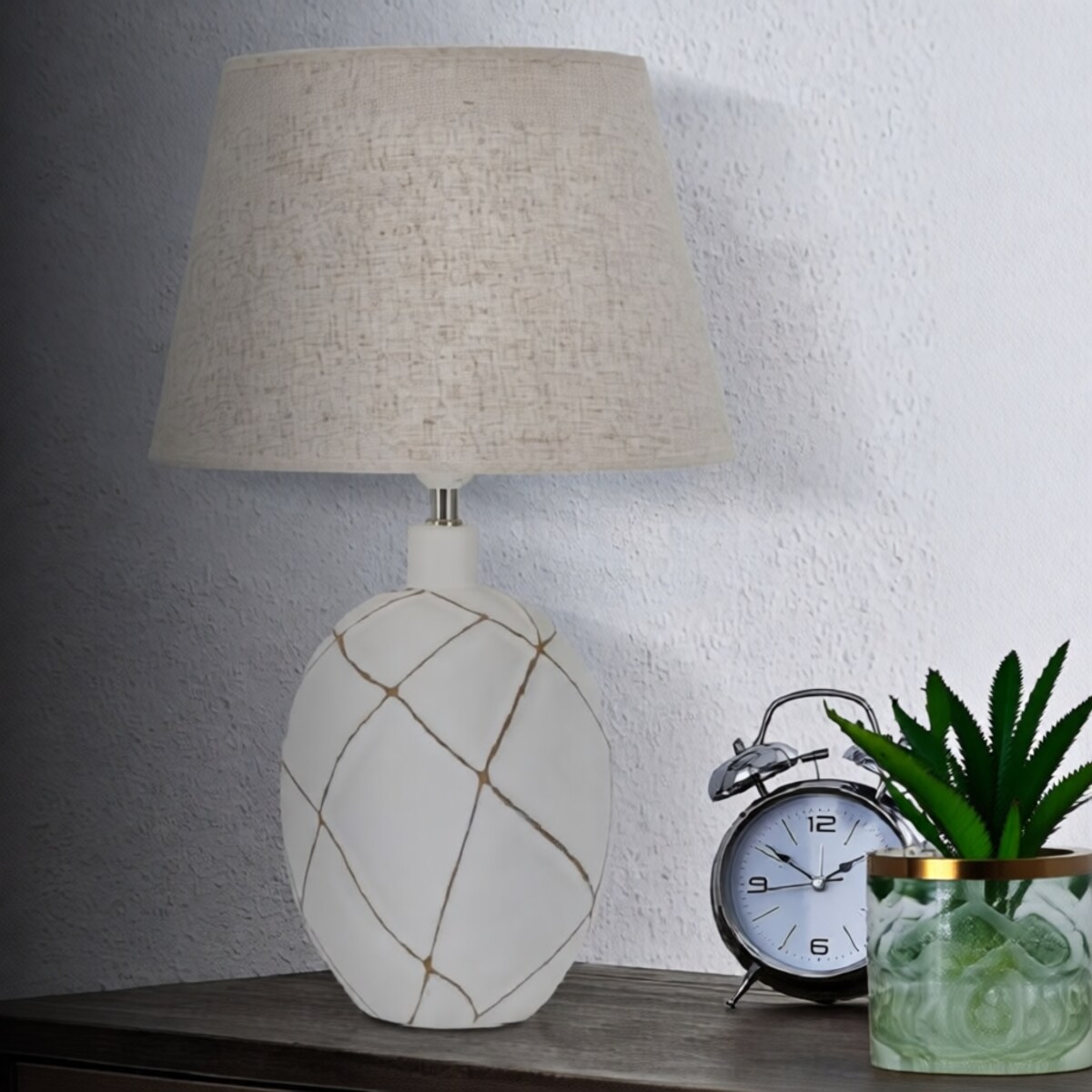 Lampa stołowa Lines, kolor bielony i brązowy, żywica syntetyczna i żelazo, 35 x 35 x 60 cm, 1 x E27, max. 40 W, do salonu i sypialni, Mauro Ferretti
